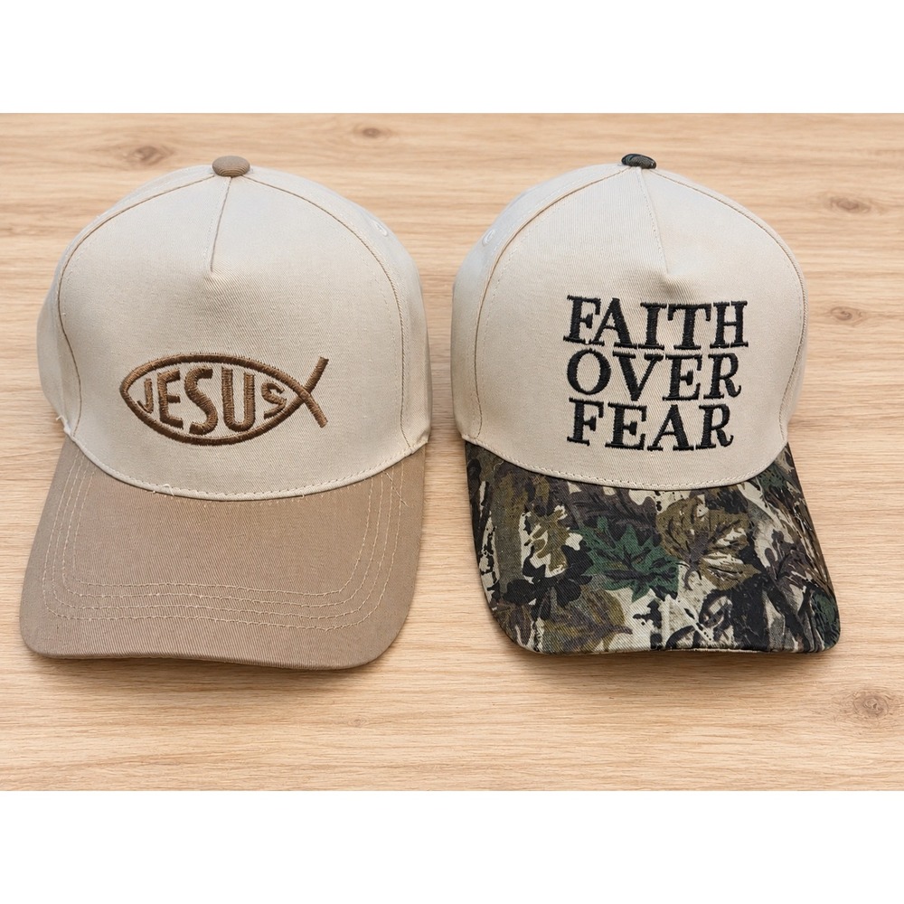 2 Pack Christian Baseball Caps Faith Over Fear Camo Jesus Fish Ichthys Tan Hats